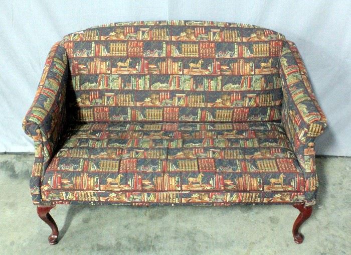 Loveseat/Setee with Queen Anne Style Legs and with Book Upholstery, 52"W x 33"H x 29"D