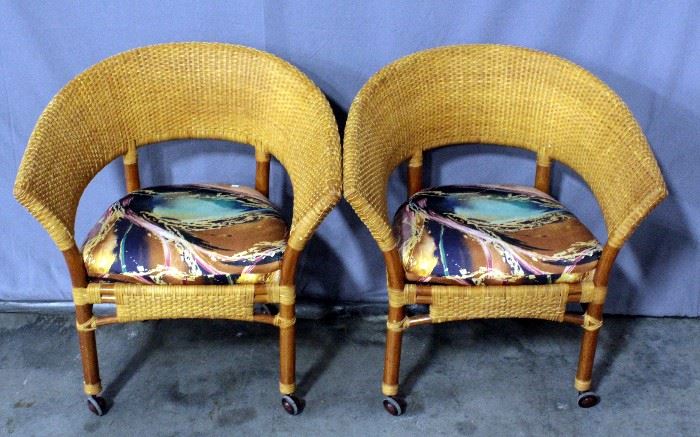 Round Back Wicker Chairs on Casters, Qty 2, 30"W x 32"H