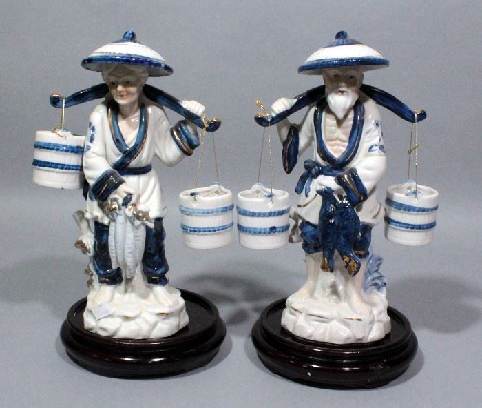 Chinese Blue and White Ceramic Decor, Male & Female Water Bucket Carriers, 10.5"H, and Fu/Foo Dog Lion Dragons, Qty 2