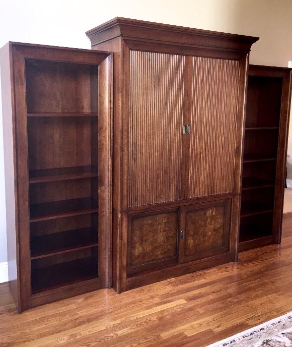 Ethan Allen Entertainment Center with 2 Adjoining bookcases. Contemporary /Mission in style 52 1/2 W X 24 1/2 Deep Side bookcases 31 W x 18 D X 78 H