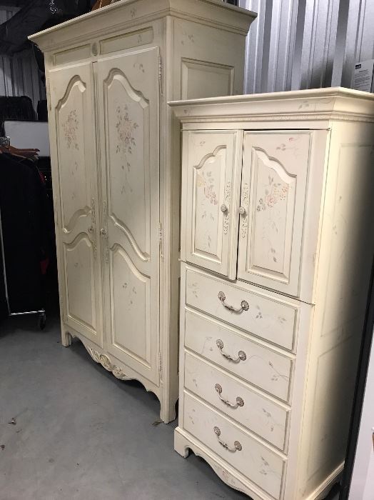 Ethan Allan french country hand painted with flower detail. Large armoire 50.5 L x 21.5 W x 79.5 H Small armoire 62 1/2 H X 18 1/2 D X 24 1/2 W
