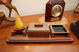 Mid-century modern walnut and brass smoking set