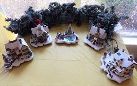 Thomas Kinkade Christmas Village and Lighted Garland