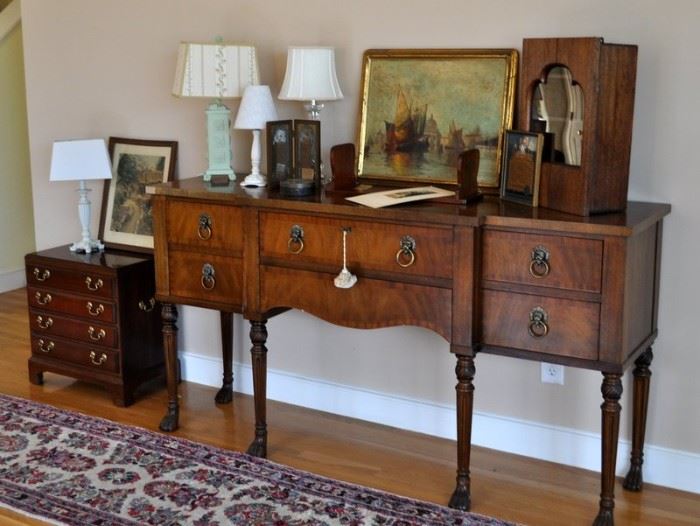 Side board AF.  Lamps,antique cabinet, Wallace Nutting. 