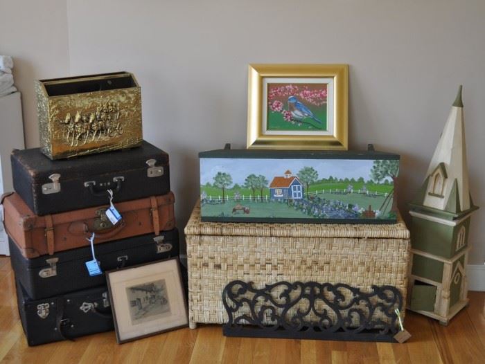 Rattan trunk, painted bech, bird oil painting, embossed brass paper holder, fret work etc.