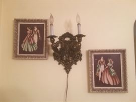 Pair 1940's Prints and Brass Wall Fixture