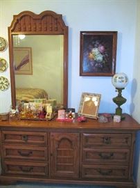 Dresser and Mirror With Vanity Items, Decorative Lamp