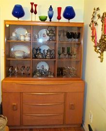 Heywood Wakefield, China Cabinet, Filled with Stemwear, Art Glass, Silverplate, Coffee/Tea Service, Complete Set of China and More