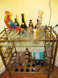 Brass Serving Cart with Glasswear and Accessories 