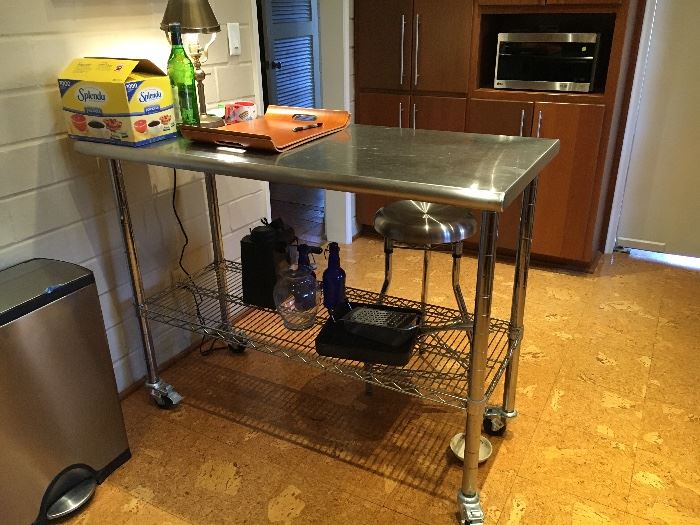 Stainless steel contemporary kitchen island matching stool stainless steel pedal activated garbage can