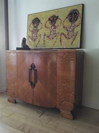 1940s wood buffet (excellent condition) & example of many framed batiks.