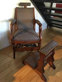 Melchior Brothers antique wooden barber chair and ottoman, c1860s.