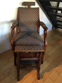 Melchoir Bros. antique wooden barber chair and ottoman. c1860s.