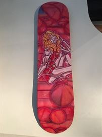 Signed "Farrah Faucet" robot pinup painting on skateboard. Signed. Local San Diego artist.