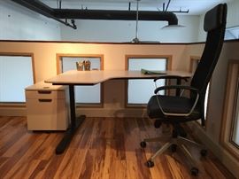 IKEA desk, rolling file cabinet, and office chair.