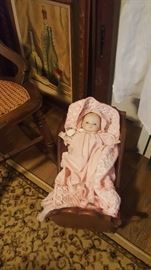 Porcelain Baby Doll with Baby Blanket, Wooden Hand Made Doll Cradle