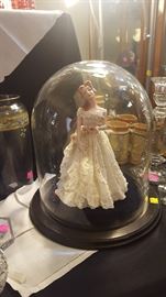 Beautiful Porcelain with Lace Porcelain Doll Encased in Glass Dome with Wooden Base