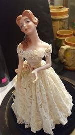 Beautiful Porcelain with Lace Porcelain Doll Encased in Glass Dome with Wooden Base