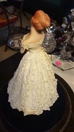 Beautiful Porcelain with Lace Porcelain Doll Encased in Glass Dome with Wooden Base