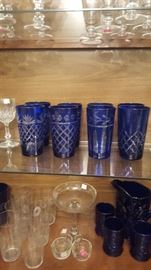 Assorted Crystal Glassware, Czech Cut to Clear Cobalt Blue Drinking Glasses