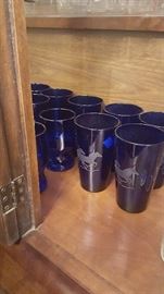 Cobalt Blue Etched with Horses Drinking Glass