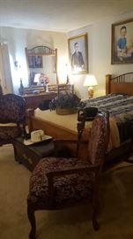 Bedroom Pieces, Rose Carved Library Chairs, Trunk with Leather Top, Vaughn Bassett Dresser, Queen Size Bed