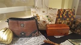Assorted Purses, Brighton, Retro Gold Evening Clutch, Enid Collins Texas, Hand Painted Cottage