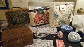 Enid Collins Signed Purses, Porcelain Trinket Boxes, Carved Jewelry Box