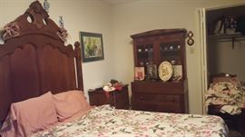 Victorian Walnut and Walnut Burl Three Quarter Bed Late 1800's, Early Period Farmhouse Antique Secretary with Drop Down Desk, Antique Vintage Shop Display Sewing Drawers