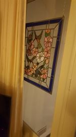 Large Stained Glass Window Hanging Hummingbird and Morning Glory Flowers