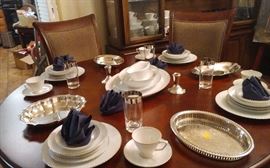 Dining Room Table Sleigh Back Style with Six Chairs, Japan Tempo China, Assorted Serving Pieces