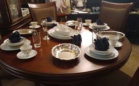 Dining Room Table Sleigh Back Style with Six Chairs, Japan Tempo China, Assorted Serving Pieces