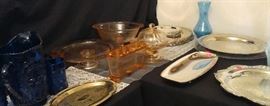 Depression Glass Flower Starter/Frog, Depression Glass Pink Cheeseball/Butter Dish, Assorted Silver Plated Pieces