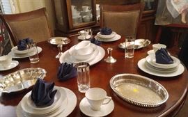 Dining Room Table Sleigh Back Style with Six Chairs, Japan Tempo China, Mid Century Modern Broyhill Emphasis Collection Premier Sideboard/Credenza/Buffet/Cabinet/Hutch, Tempo China Japan, Assorted Serving Dishes