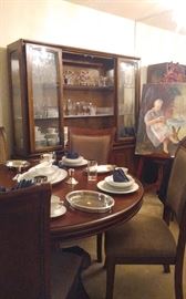 Dining Room Table Sleigh Back Style with Six Chairs, Japan Tempo China, Mid Century Modern Broyhill Emphasis Collection Premier Sideboard/Credenza/Buffet/Cabinet/Hutch, Tempo China Japan, Assorted Serving Dishes