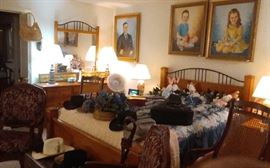 Bedroom Pieces, Rose Carved Library Chairs, Trunk with Leather Top, Vaughn Bassett Dresser, Queen Size Bed