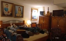 Bedroom Pieces, Rose Carved Library Chairs, Trunk with Leather Top, Vaughn Bassett Dresser, Queen Size Bed