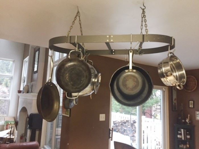 Pot rack and a few case iron pots too