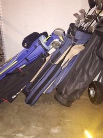 Golf clubs, bags, hard travel case