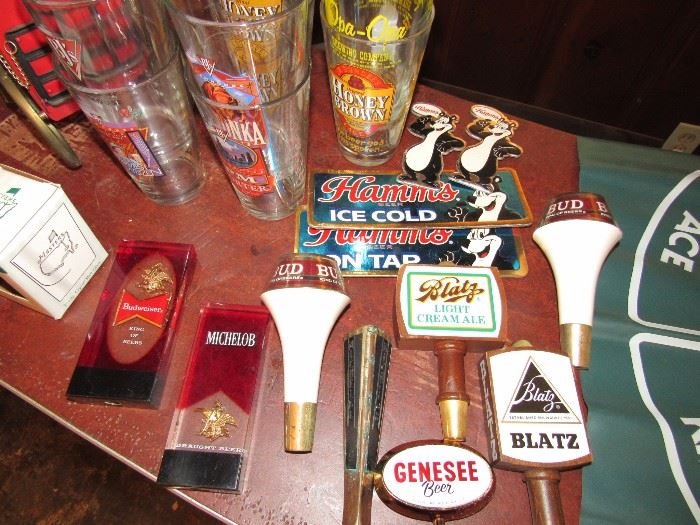 Vintage Beer Keg Taps incl. Budweiser, Michelob, Blatz, Genessee, and more. 