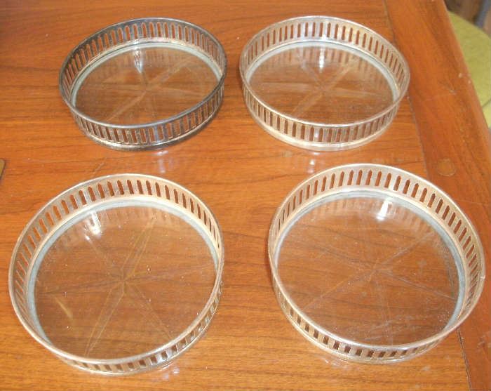 VINTAGE SET OF STERLING SILVER & ETCHED GLASS COASTERS