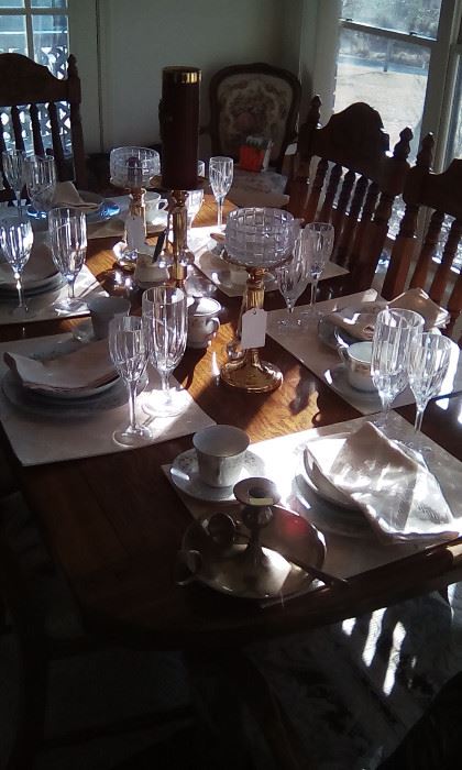 American Drew oak dining set, china, crystal