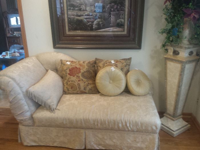 tone on tone chaise lounge, framed print, neutral pedestal, floral, pillows