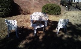 wrought iron white bench, 2 chairs, round table