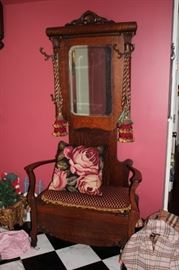 Vintage Hat Rack / Chair with Inset Mirror, Tassels  and Decorative Pillow