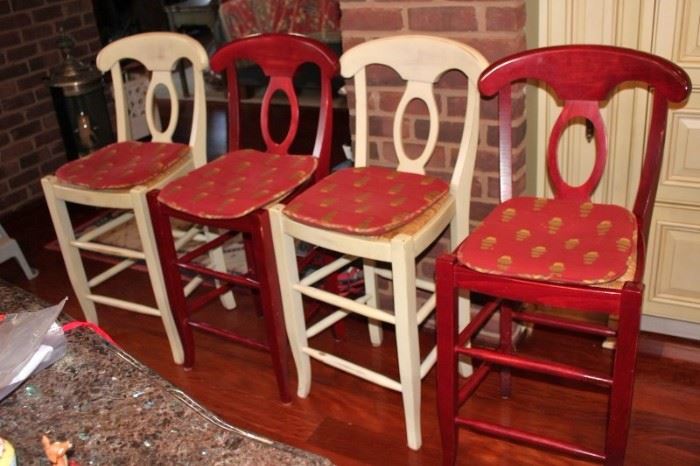 4 Pub Height Stools - 2 Red and 2 White with Cucshions