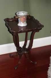 Square Carved Side Table and Decorative Pot