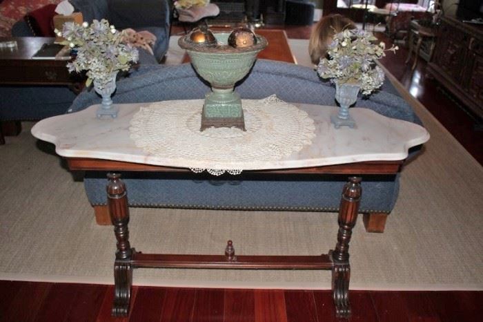 Marble Topped Console Table with Decorative  Bowls and Pair of Vases