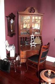Writing Desk / Hutch with Small Round Wood Stool and Chair, with Wall Clock and other Decorative