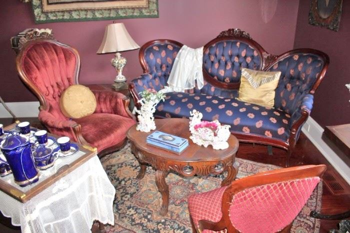 Vintage Furnishings - Sofa, Pair of Side Chairs, Oval Coffee Table and Rug and Decorative